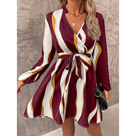 Lucky Life Kadın Uzun Kollu Kruvaze Yakalı Desenli Modal Mini Elbise