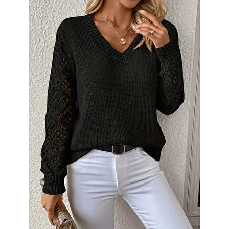 Lucky Life Lucky Life Kadın Uzun Kollu V Yaka Kol Delikli Baklava Desen Detaylı Triko Kazak