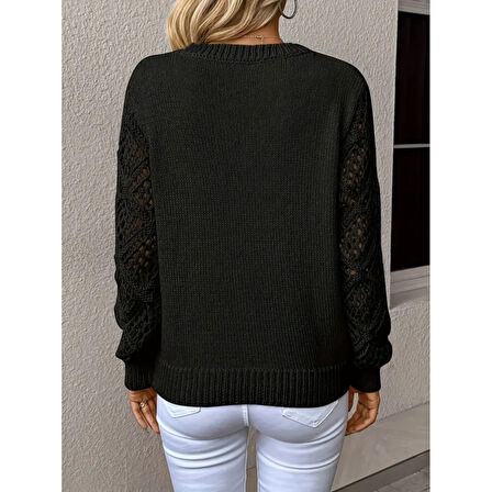 Lucky Life Lucky Life Kadın Uzun Kollu V Yaka Kol Delikli Baklava Desen Detaylı Triko Kazak