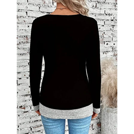 Lucky Life Kadın Uzun Kollu Yuvarlak Yaka Blok Renkli Yandan Düğmeli Viskon Bluz