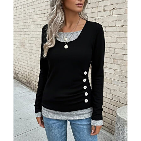 Lucky Life Kadın Uzun Kollu Yuvarlak Yaka Blok Renkli Yandan Düğmeli Viskon Bluz