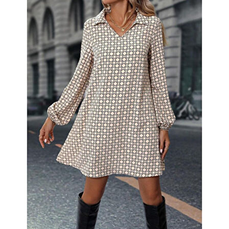 Lucky Life Kadın Uzun Kollu Yakalı Desenli Mini Modal Elbise