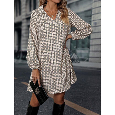 Lucky Life Kadın Uzun Kollu Yakalı Desenli Mini Modal Elbise