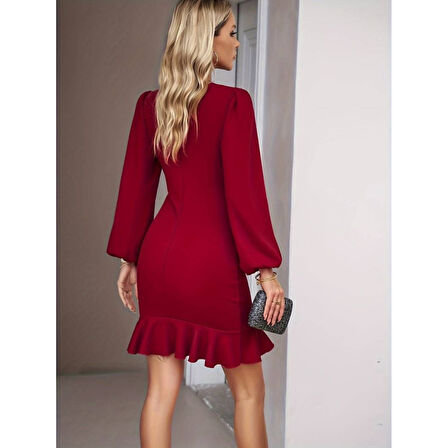 Lucky Life Kadın Uzun Kollu Bisiklet Yaka önden Volanlı Ithal Krep Elbise