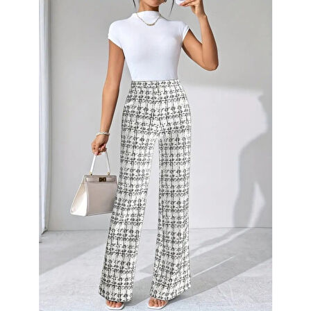 Lucky Life Kadın Yüksek Bel Paçaya Doğru Geniş Dokuma Pantolon