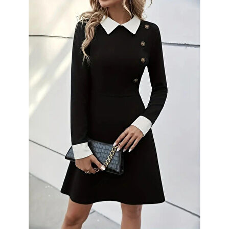 Lucky Life Kadın Uzun Kollu Yakalı Düğmeli Kısa Modal Mini Elbise