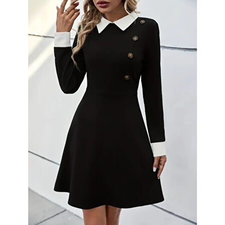 Lucky Life Kadın Uzun Kollu Yakalı Düğmeli Kısa Modal Mini Elbise