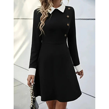 Lucky Life Kadın Uzun Kollu Yakalı Düğmeli Kısa Modal Mini Elbise