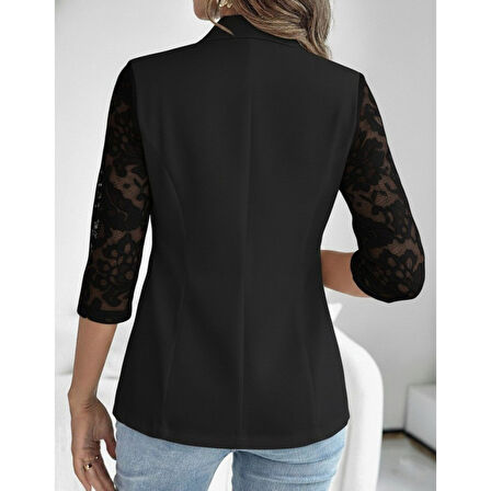 Lucky Life Lucky Life Kadın Uzun Kollu Truvakar Kol önden Düğmeli Cepli Dantelli Atlas Ceket