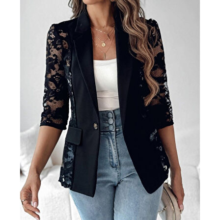 Lucky Life Lucky Life Kadın Uzun Kollu Truvakar Kol önden Düğmeli Cepli Dantelli Atlas Ceket