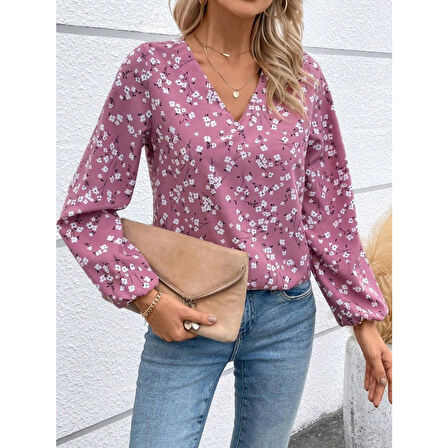 Lucky Life Lucky Life Kadın Uzun Kollu V Yakalı çiçek Desenli Modal Bluz