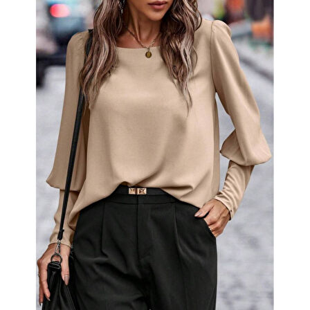 Lucky Life Kadın Uzun Kollu Yuvarlak Yakalı Düğmeli Ithal Krep Bluz