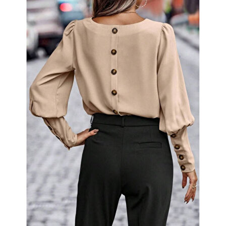 Lucky Life Kadın Uzun Kollu Yuvarlak Yakalı Düğmeli Ithal Krep Bluz