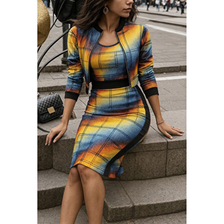 Lucky Life Kadın Uzun Kollu Askılı Yuvarlak Yaka Desenli Dalgıç Bluz Ceket Ve Etek üçlü Takım