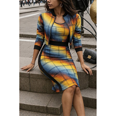 Lucky Life Kadın Uzun Kollu Askılı Yuvarlak Yaka Desenli Dalgıç Bluz Ceket Ve Etek üçlü Takım