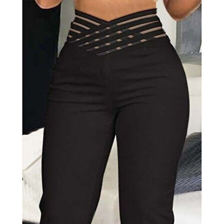 Lucky Life Kadın Yüksek Bel çapraz şerit Detaylı Ithal Krep Pantolon