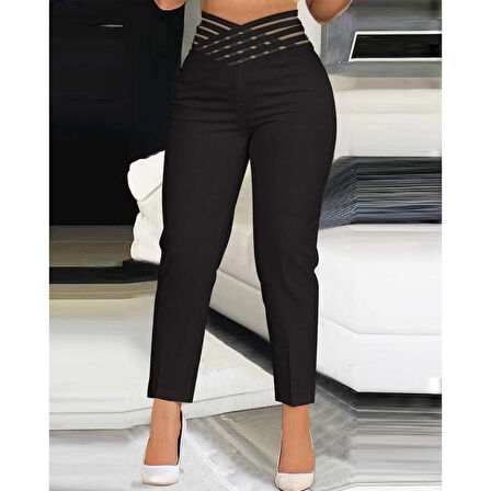 Lucky Life Kadın Yüksek Bel çapraz şerit Detaylı Ithal Krep Pantolon