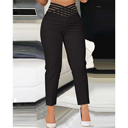 Lucky Life Kadın Yüksek Bel çapraz şerit Detaylı Ithal Krep Pantolon