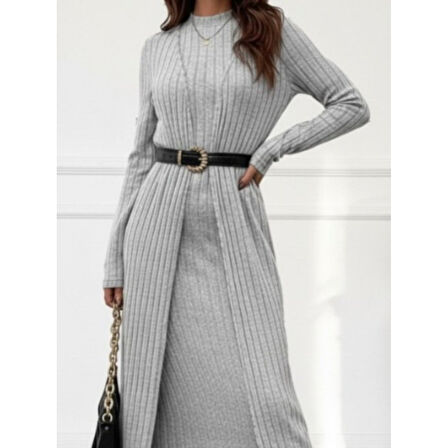 Lucky Life Kadın Uzun Kollu Yarı Balıkçı Yaka şardonlu Kaşkorse Elbise Ve Uzun Hırka Ikili Takım