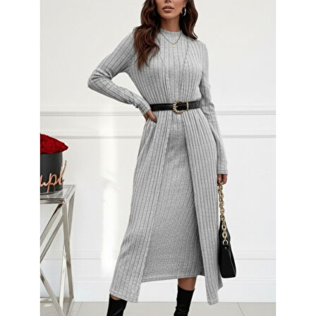 Lucky Life Kadın Uzun Kollu Yarı Balıkçı Yaka şardonlu Kaşkorse Elbise Ve Uzun Hırka Ikili Takım