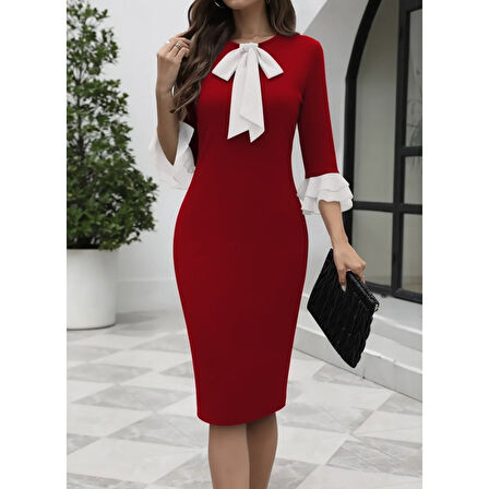 Lucky Life Kadın Truvakar Kollu Fiyonk Yakalı Midi Ithal Krep Elbise