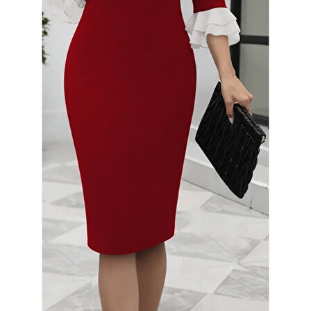 Lucky Life Kadın Truvakar Kollu Fiyonk Yakalı Midi Ithal Krep Elbise