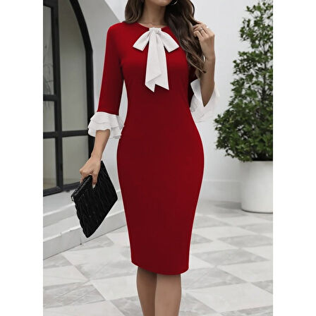 Lucky Life Kadın Truvakar Kollu Fiyonk Yakalı Midi Ithal Krep Elbise