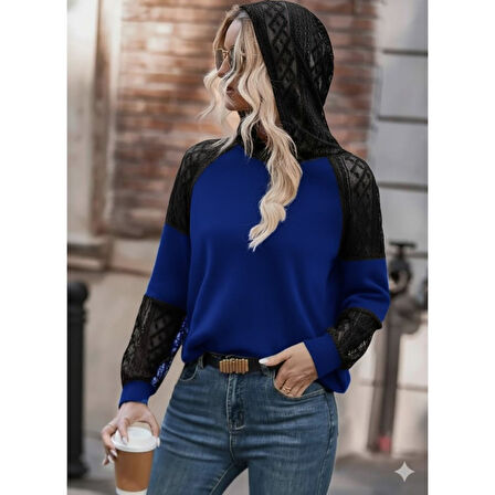 Lucky Life Kadın Uzun Kollu Dantelli Kapşonlu Viskon Iki Iplik Bluz