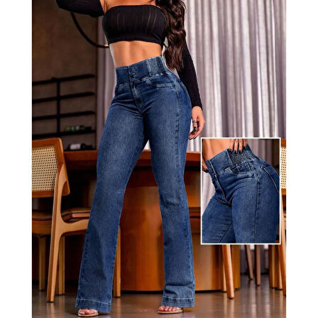 Lucky Life Kadın Yüksek Bel Yanları Lastik önü Düğmeli Kot Pantolon