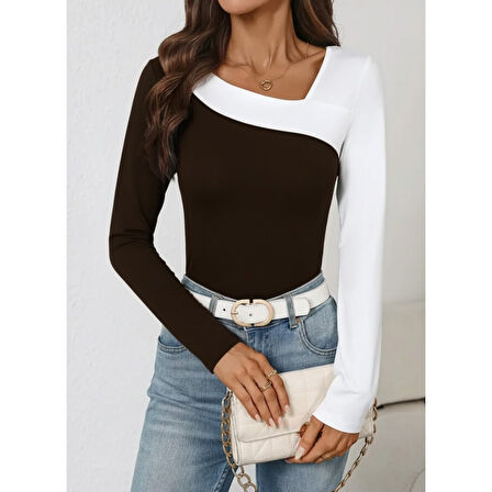 Lucky Life Kadın Uzun Kollu Geometrik Yaka Detaylı çift Renkli Viskon Bluz