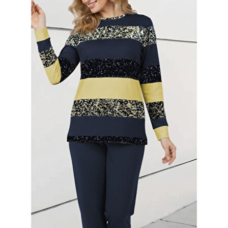 Lucky Life Kadın Uzun Kollu Bisiklet Yaka çizgili Desen Iki Iplik Bluz Ve Pantolon Ikili Takım