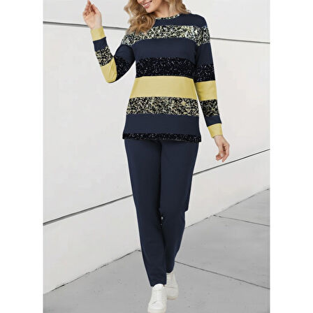 Lucky Life Kadın Uzun Kollu Bisiklet Yaka çizgili Desen Iki Iplik Bluz Ve Pantolon Ikili Takım