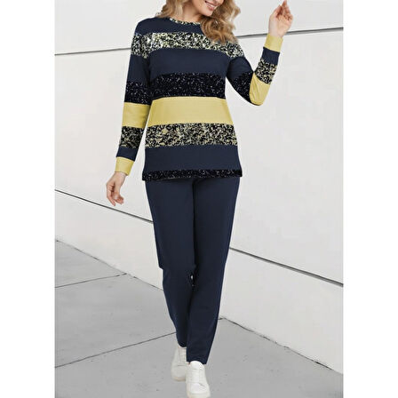 Lucky Life Kadın Uzun Kollu Bisiklet Yaka çizgili Desen Iki Iplik Bluz Ve Pantolon Ikili Takım