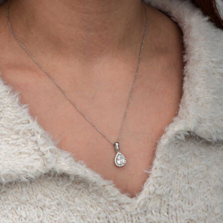 Lucky Life Gümüş Damla Beyaz Zirkon Taşlı Kadın Kolye