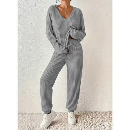 Lucky Life Kadın Uzun Kollu V Yakalı Kaşkorse Bluz Ve Pantolon Ikili Takım