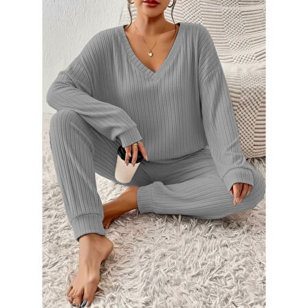 Lucky Life Kadın Uzun Kollu V Yakalı Kaşkorse Bluz Ve Pantolon Ikili Takım