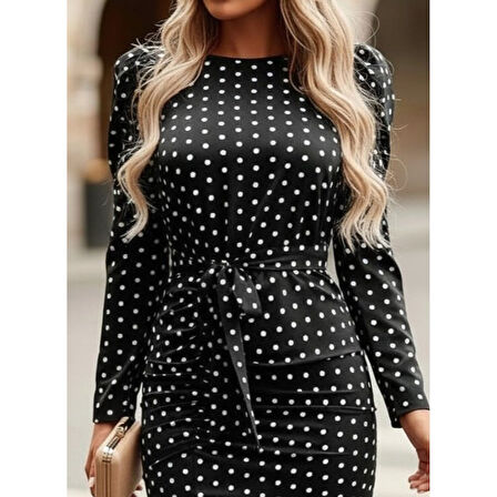 Lucky Life Lucky Life Kadın Uzun Kollu Yuvarlak Yaka Belden Kuşaklı önden Yırtmaçlı örme Krep Elbise