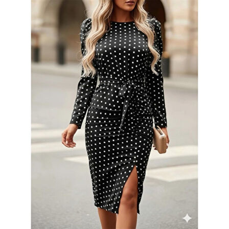 Lucky Life Lucky Life Kadın Uzun Kollu Yuvarlak Yaka Belden Kuşaklı önden Yırtmaçlı örme Krep Elbise