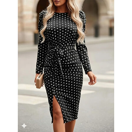 Lucky Life Lucky Life Kadın Uzun Kollu Yuvarlak Yaka Belden Kuşaklı önden Yırtmaçlı örme Krep Elbise