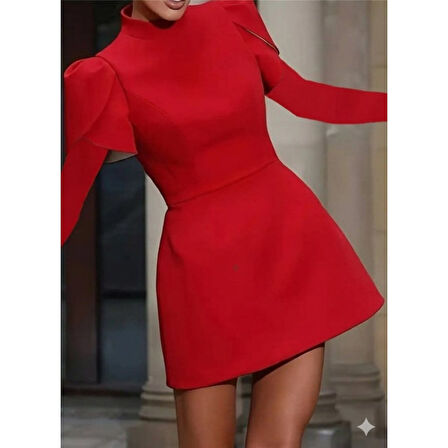 Lucky Life Kadın Uzun Kollu Yarı Balıkçı Yaka Arkadan Kurdela Detaylı Mini Atlas Elbise