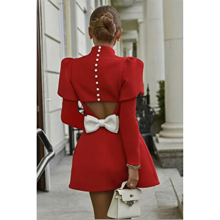 Lucky Life Kadın Uzun Kollu Yarı Balıkçı Yaka Arkadan Kurdela Detaylı Mini Atlas Elbise