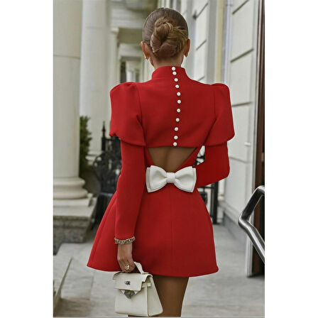 Lucky Life Kadın Uzun Kollu Yarı Balıkçı Yaka Arkadan Kurdela Detaylı Mini Atlas Elbise