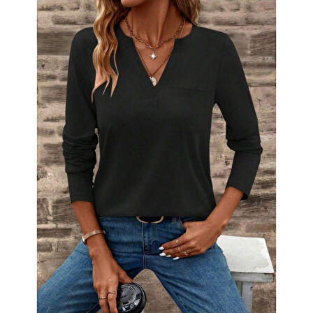 Lucky Life Lucky Life Kadın Uzun Kollu Cepli V Yakalı Viskon Iki Iplik Bluz