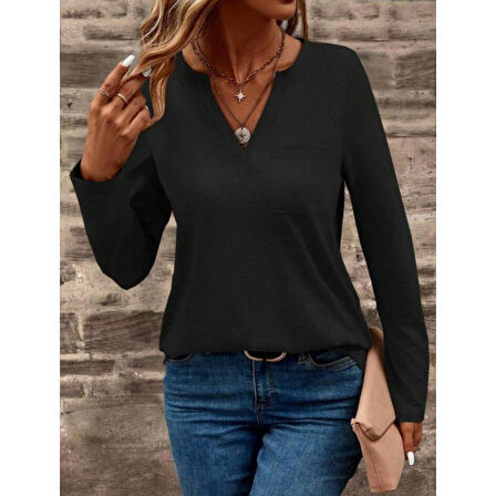 Lucky Life Lucky Life Kadın Uzun Kollu Cepli V Yakalı Viskon Iki Iplik Bluz