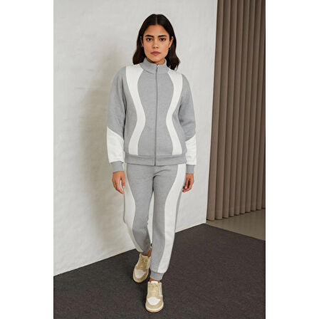 Premium Parçalı Eşofman Takım - Dik Yaka Fermuarlı Sweatshirt - Gri