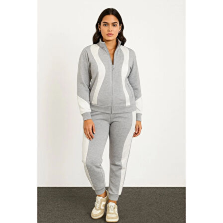 Premium Parçalı Eşofman Takım - Dik Yaka Fermuarlı Sweatshirt - Gri