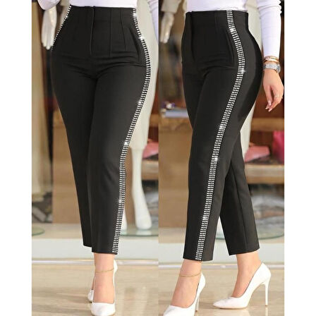 Lucky Life Kadın Yüksek Bel Yanlardan Taş Detaylı Ithal Krep Pantolon