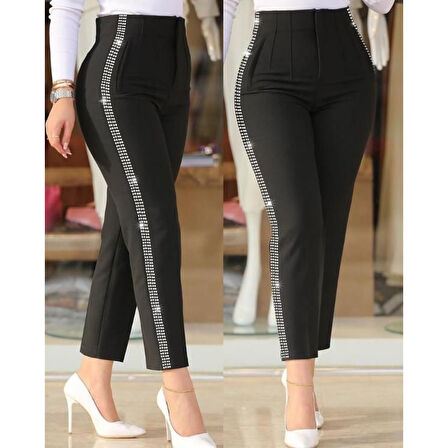 Lucky Life Kadın Yüksek Bel Yanlardan Taş Detaylı Ithal Krep Pantolon