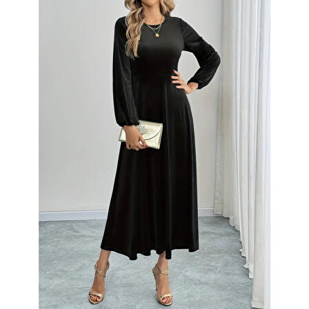 Lucky Life Kadın Uzun Kollu Bisiklet Yaka Midi Kadife Elbise