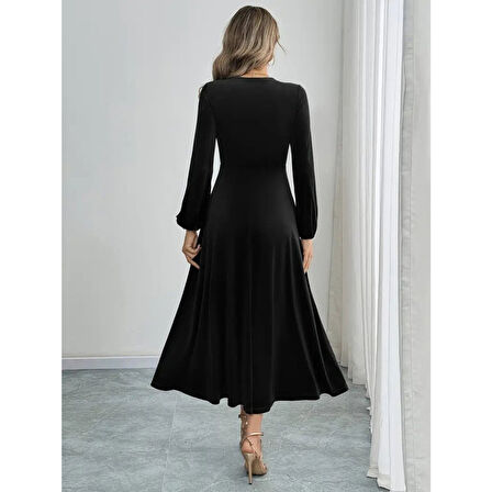 Lucky Life Kadın Uzun Kollu Bisiklet Yaka Midi Kadife Elbise